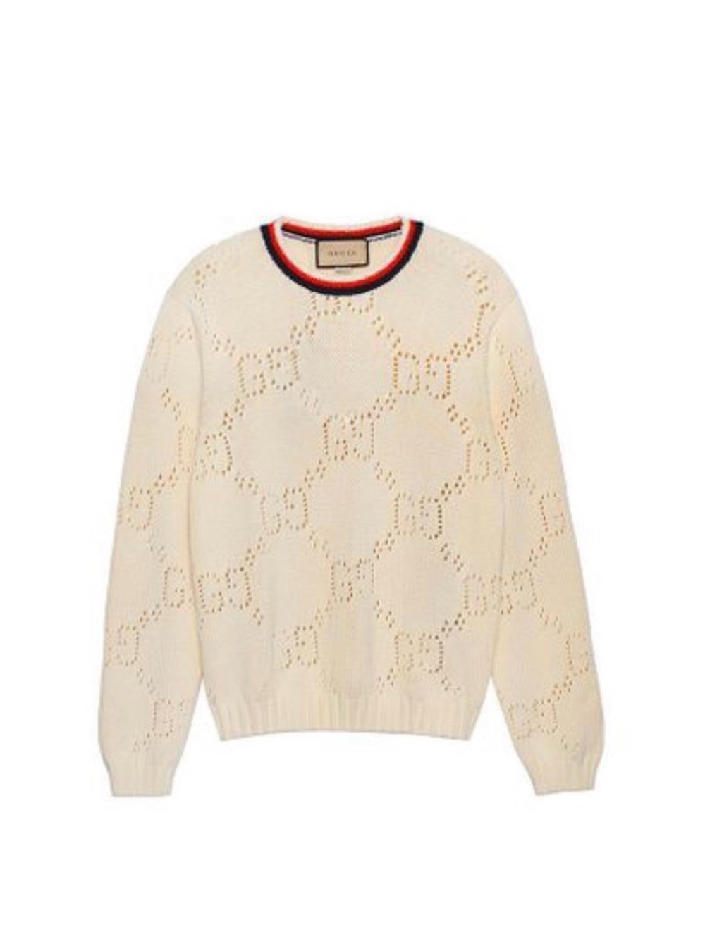 Gucci Cream Openwork Crewneck Sweater with Red and Navy Trim